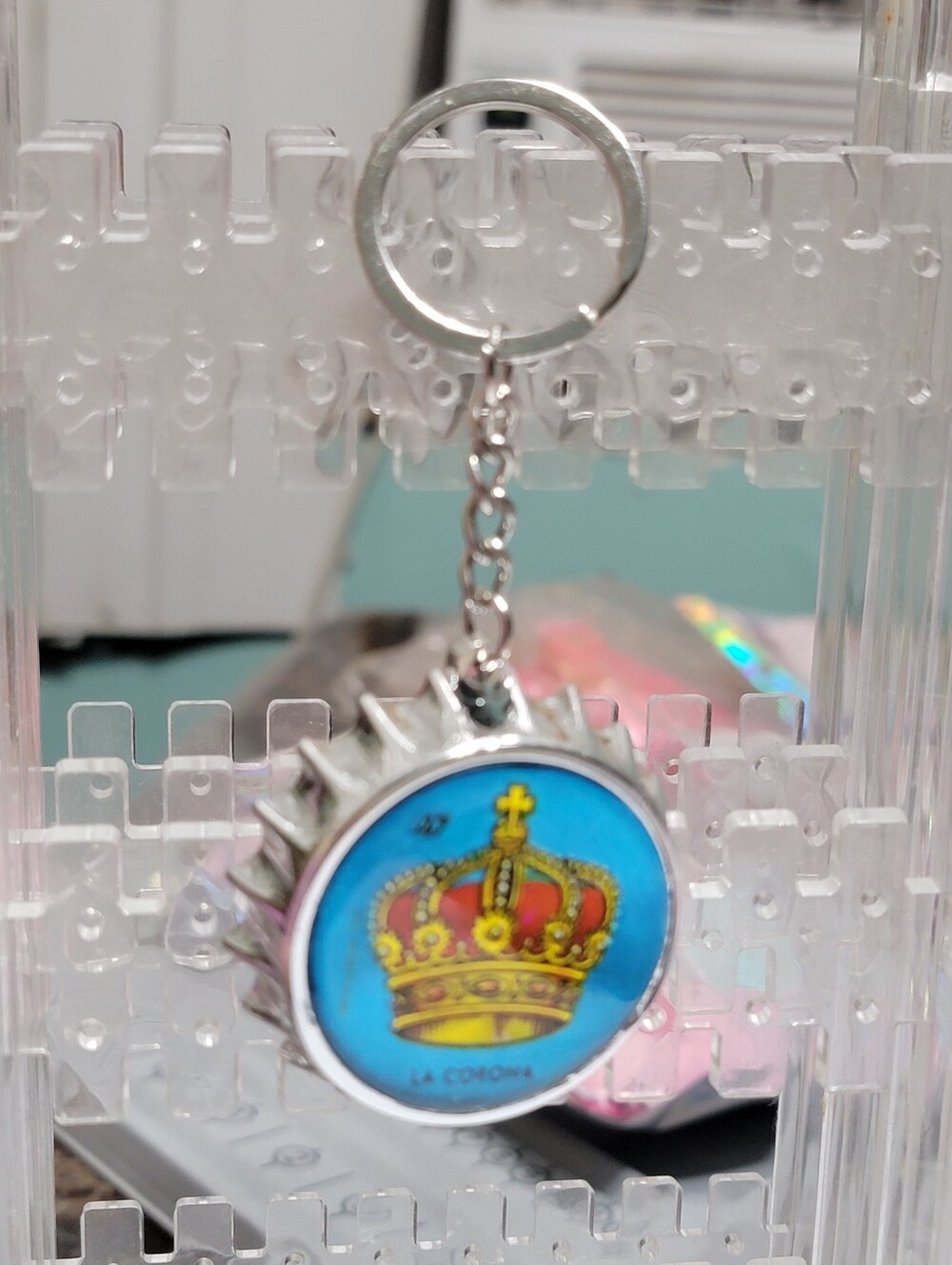 Corona Blue Keychain with Red and Gold Crown
